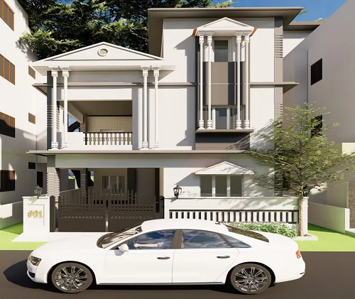 Elegant two-story house featuring timeless architecture, crafted by skilled house construction contractors in Bangalore.