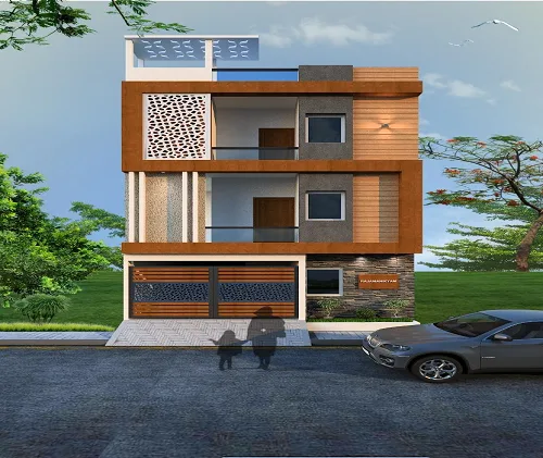 A stylish three-story home with wooden accents and glass balconies, showcasing expert house construction in Bangalore.