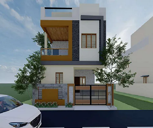 A stunning two-floor residence with sleek architecture, built by a trusted house construction company in Bangalore.