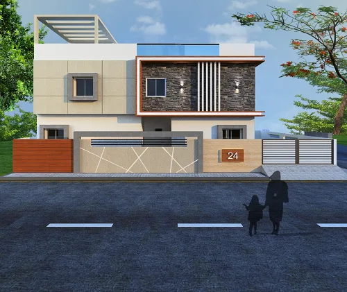 A stylish modern house designed with precision and quality by skilled house construction contractors in Bangalore