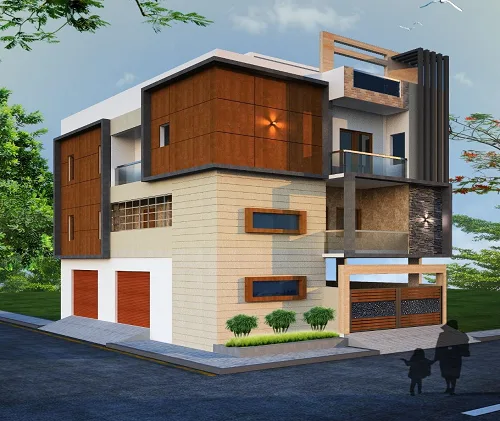 A premium multi-story home with wooden paneling and glass balconies, showcasing quality home construction in Bangalore.